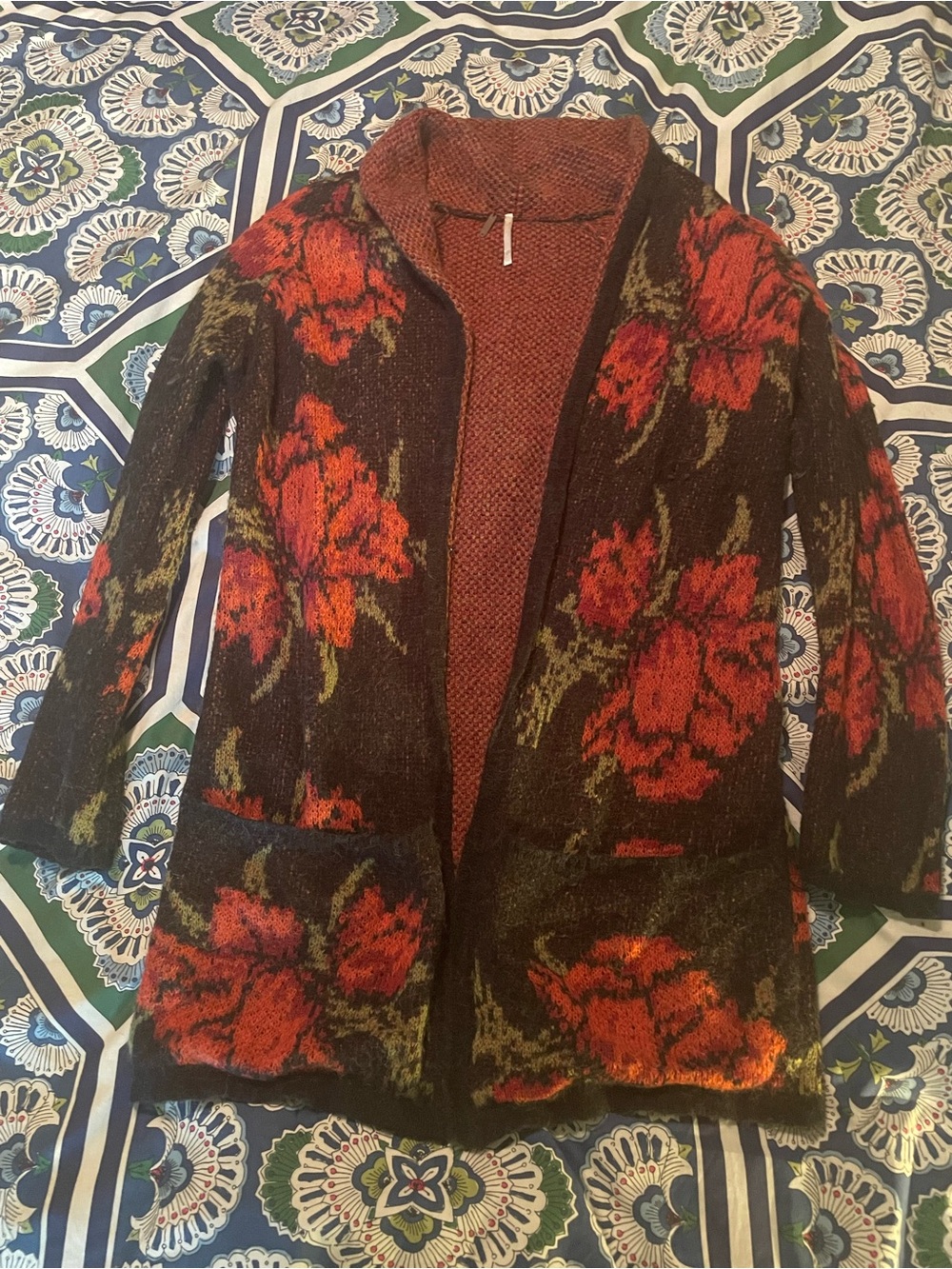 Free People Black Floral Open-Front Sweater Cardigan